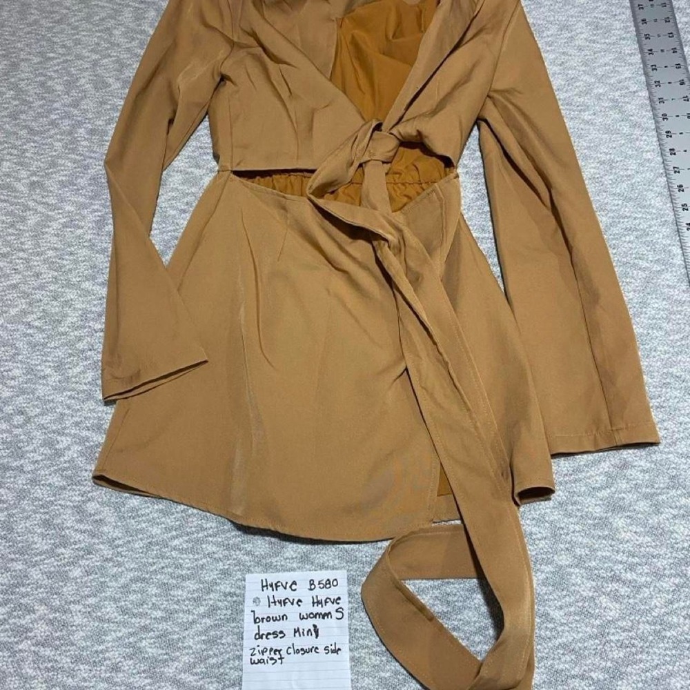 HYFVE tan/ brown dress with tie waist, zipper closure side women S. SKU-B580